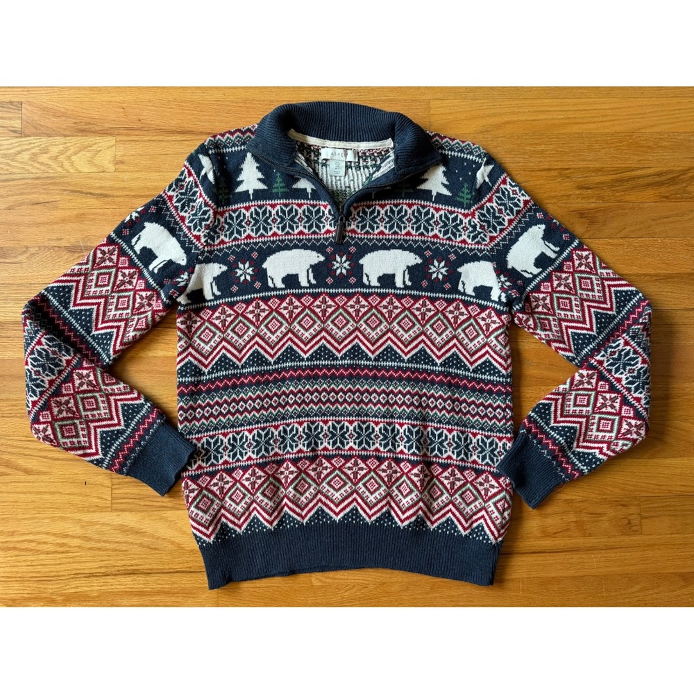 Aspen Mens Large Fair Isle Polar Bear Quarter Zip Sweater Navy Blue Winter Knit